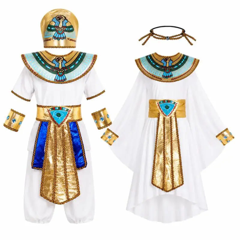 

Ancient Egyptian Pharaoh Costume Set White Gold Robe with Headpiece Collar Belt Cuffs for Halloween Cosplay Carnival Party Outfi