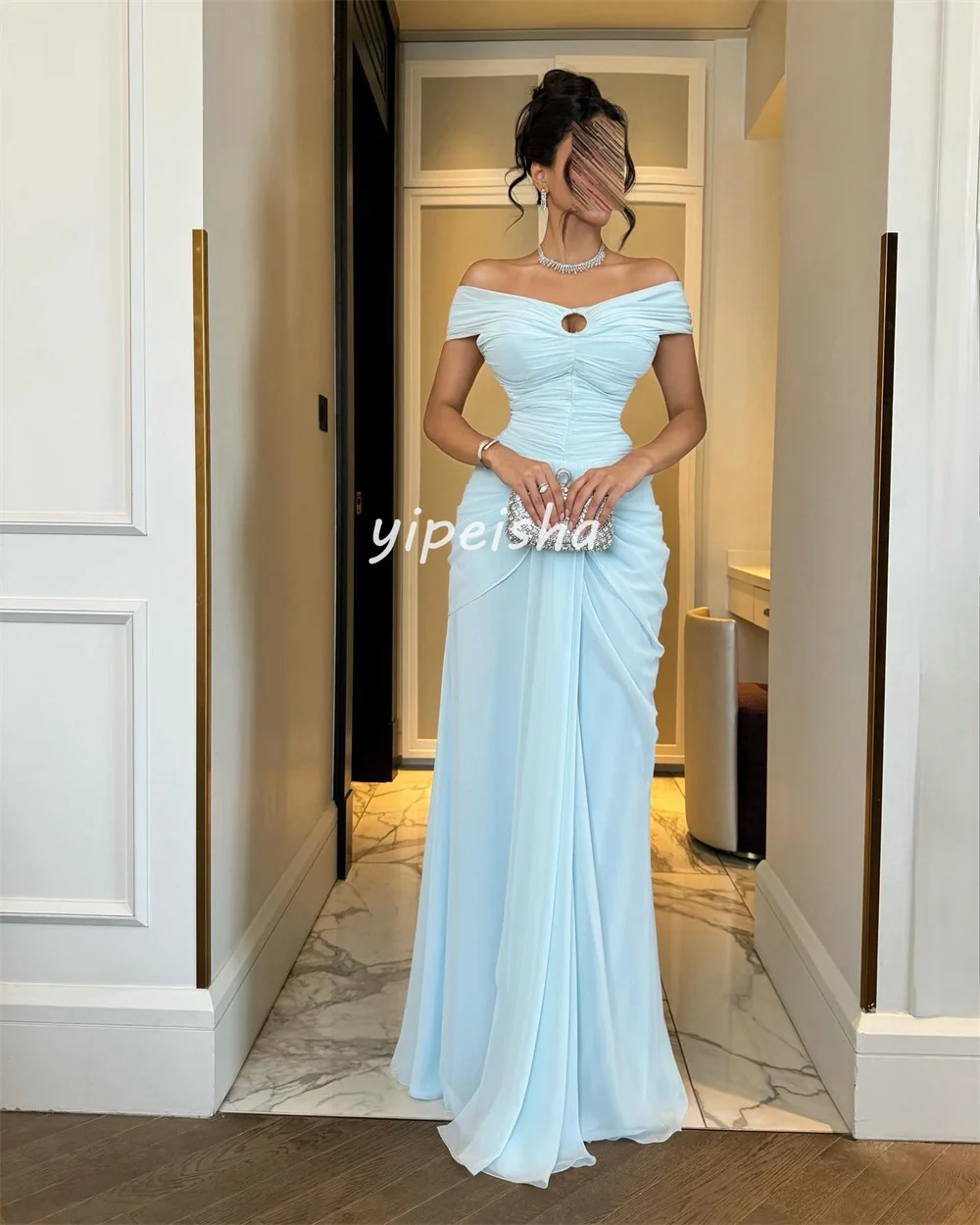 Personalizado simples pastrol chiffon plissado ruched drapeado em linha reta fora do ombro vestidos longos sob medida vestidos de ocasião requintado