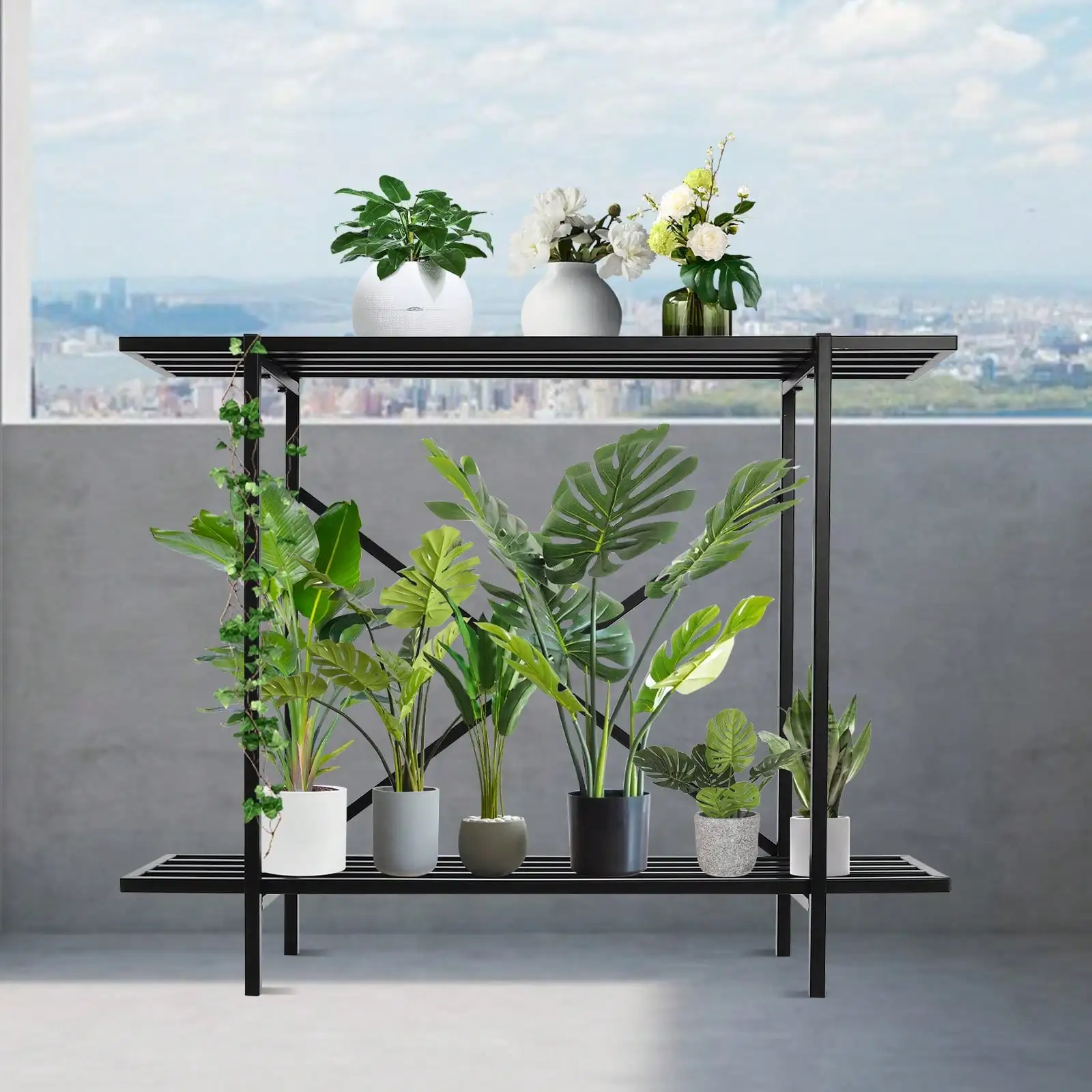 Black 2 Tier Metal Sturdy Heavy Plant Stand Narrow Plant Rack Holder For Home Small Space Indoor Outdoor 35*8.6*28in