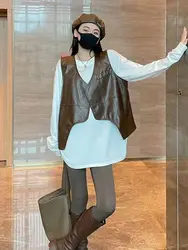 Leather Vest Waistcoat Women Sleeveless Faux Leather Jacket Streetwear Hip Hop Cardigan Y2k Vintage Irregular Tops Women Clothes