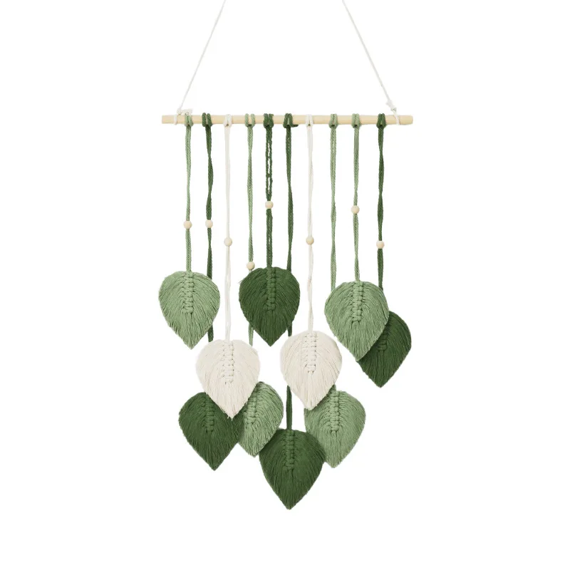 Handmade Leaf Tapestry Weaving with Wooden Beads Decorative Wall Hanging Bedhead Background Wall Hanging Decoration Living Room