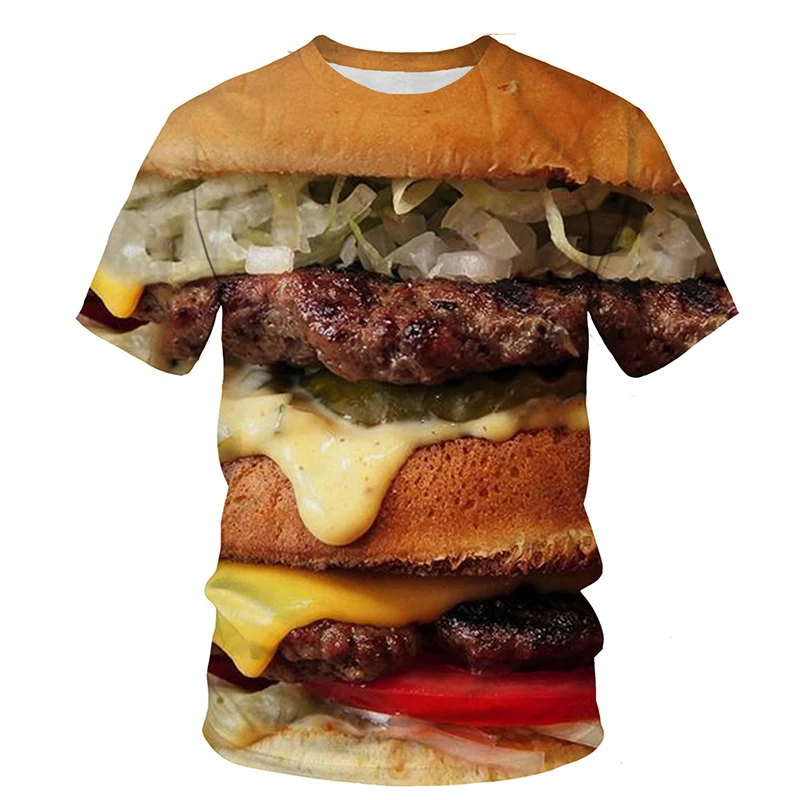 3d-printed Hip Hop Parody Fun Food Men's T-shirt Hamburger Fries Fried Eggs Streetwear Oversized Summer Quick Dry Short Sleeves