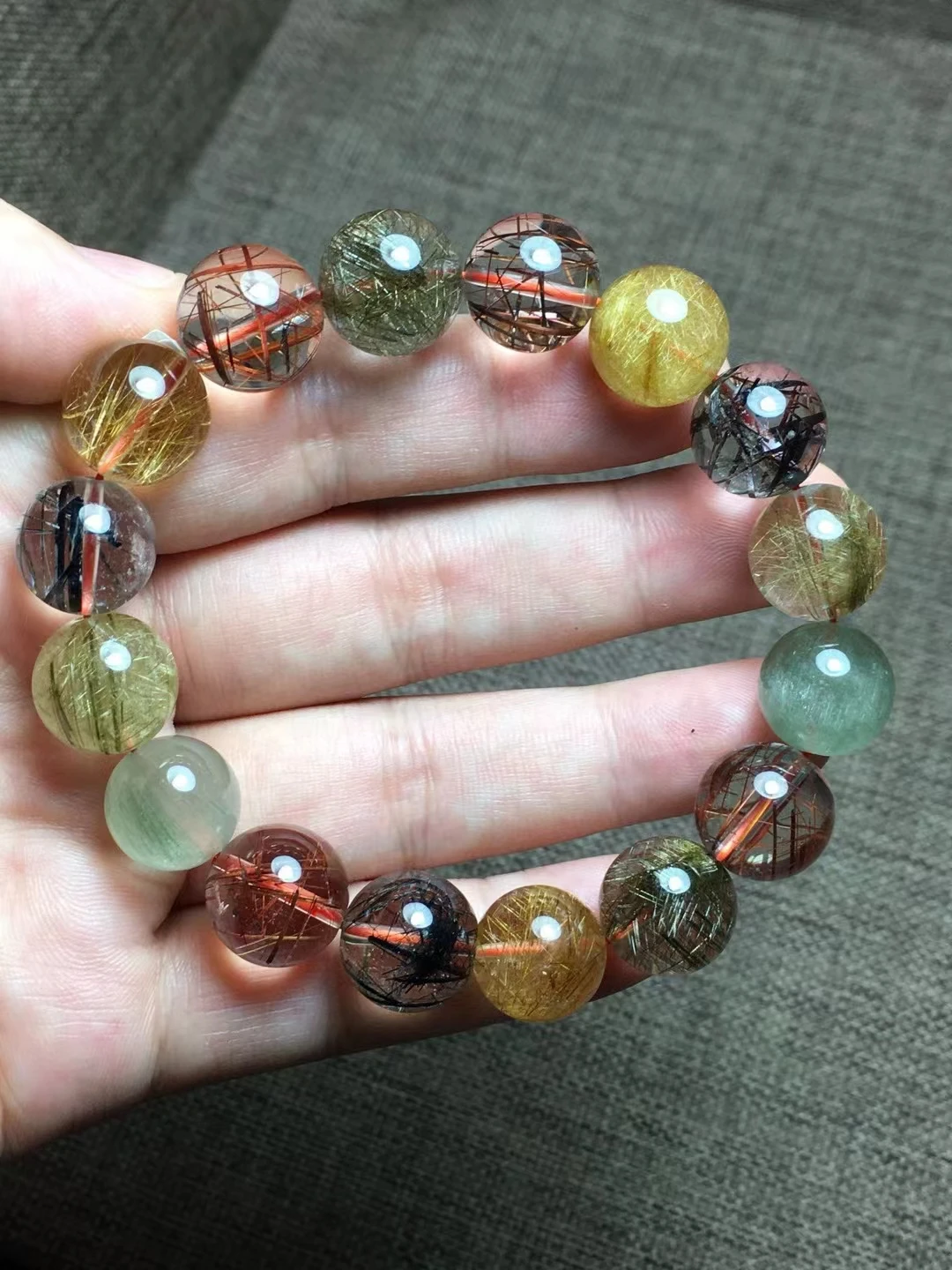 Natural Copper Colorful Rutilated Quartz Bracelet 13mm Black Gold Green Rutilated Clear Round Women Bracelet AAAAAA