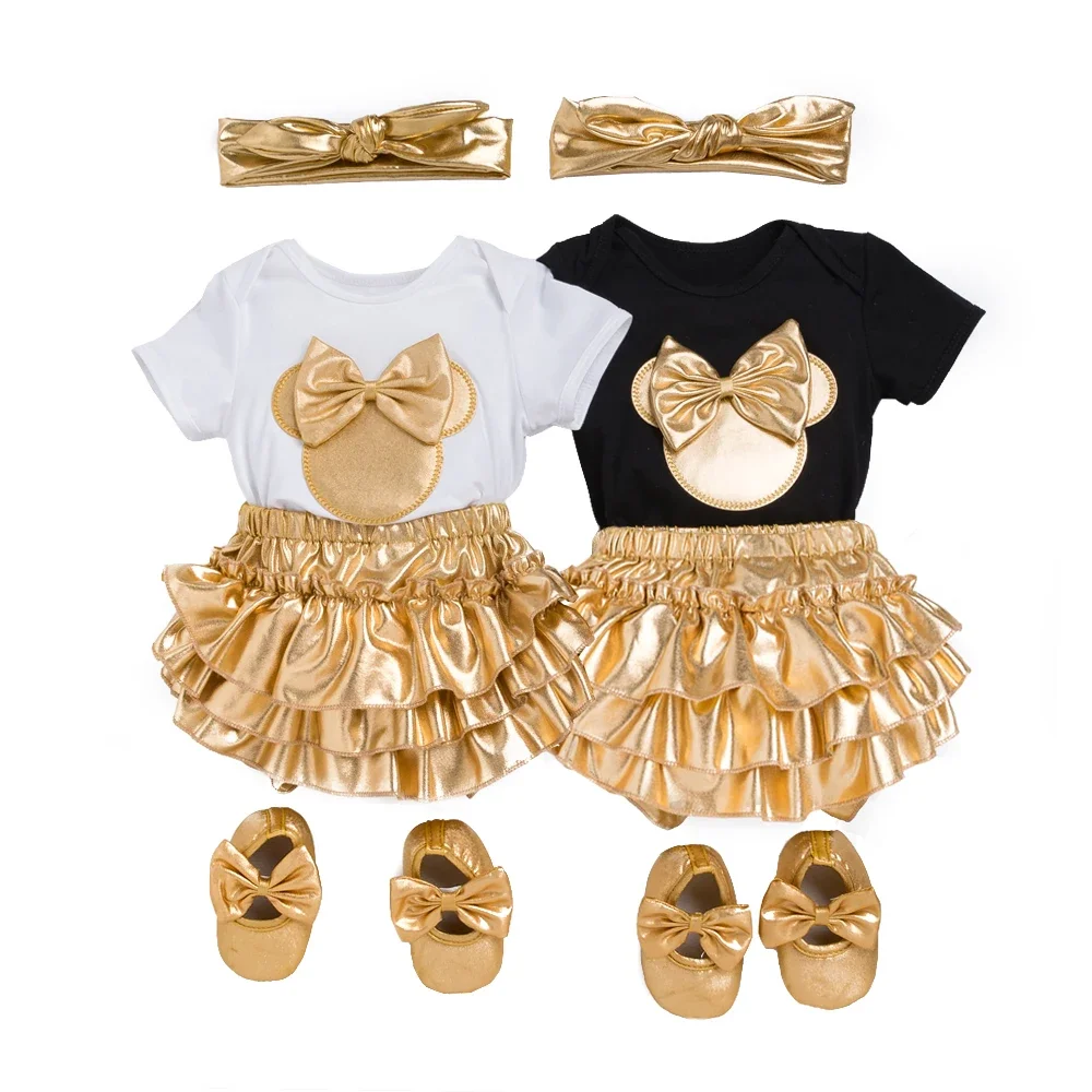 Twins Photography New Baby Girl Clothes White Cotton Rompers Golden Ruffles Baby Girls Tutu Skirt Shoes Headband Newborn Sets