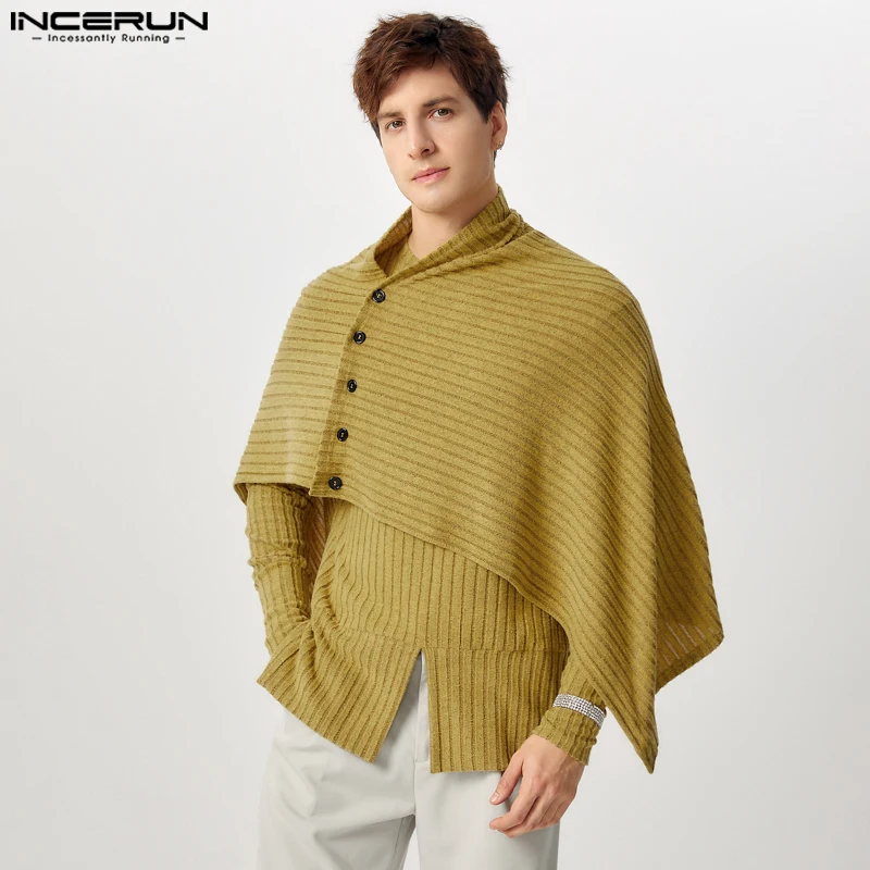 INCERUN Tops American Style Fashion Men's Coarse Pit Stripe Knitted Shawl Button Sweaters Stand Neck Long Sleeved Sweater S-5XL