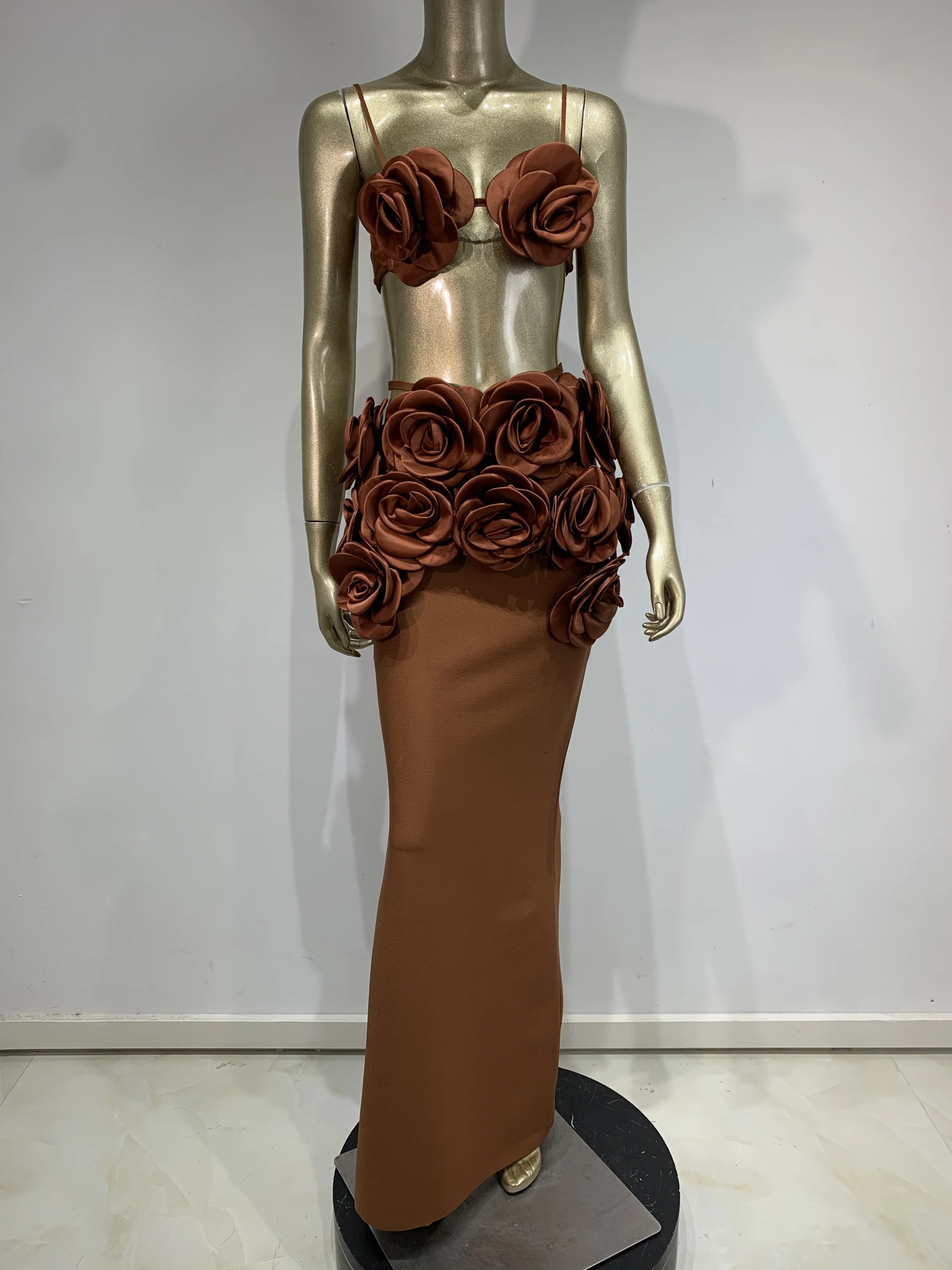 Women Celebrity Sexy Backless Halter Flower Brown Maxi Long Bandage Skirt Set 2025 Knitted Elegant Evening Club Party Clothing