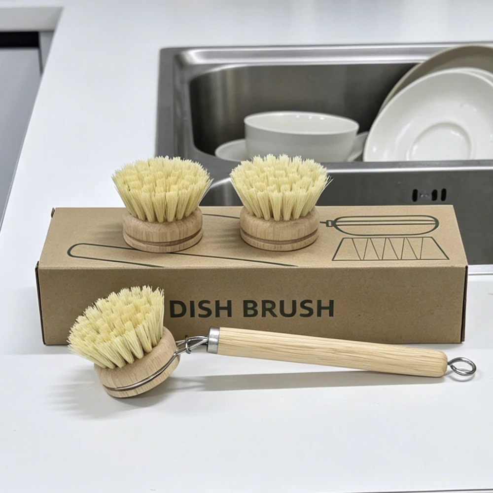 Juego de Cepillos para Platos con Mango de Madera y 3 Cabezales de Sisal de Repuesto, Cepillo de Limpieza de Cocina de Sisal para Ollas, Sartenes y Platos