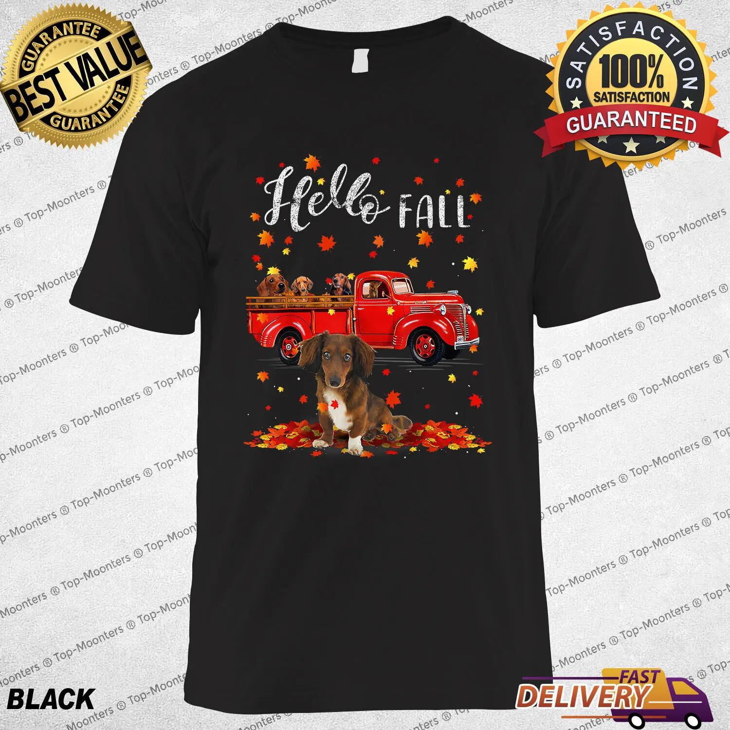 

Maple Dachshund Dog Leaf with Autumn Red Truck Gift for Women’s T-Shirt