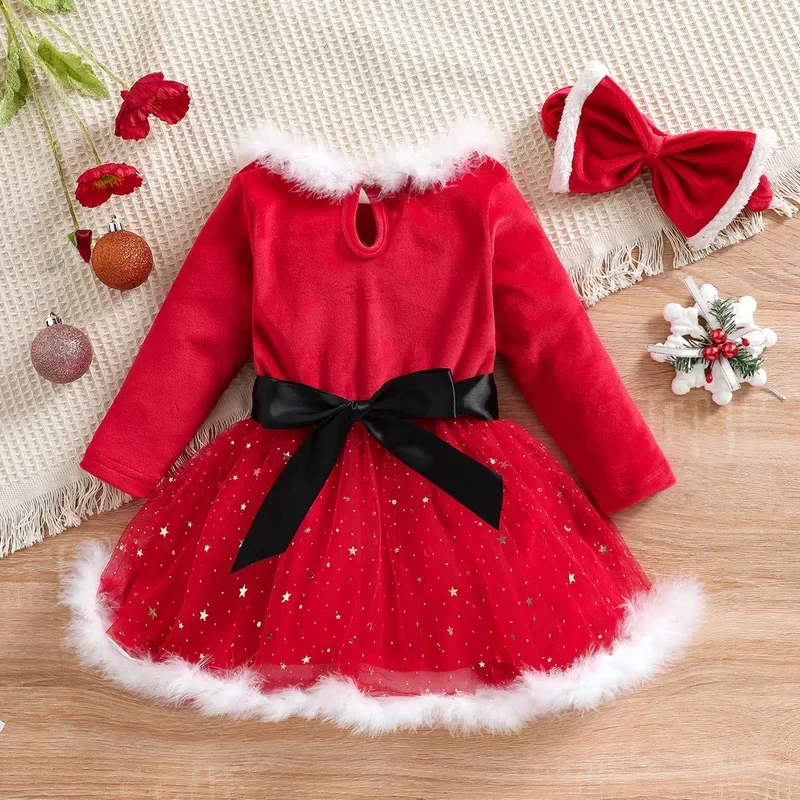 2024 niñas invierno rojo manga larga cuello redondo volante cintura alta otoño vestido de Navidad diadema tutú vestidos de fiesta MN3