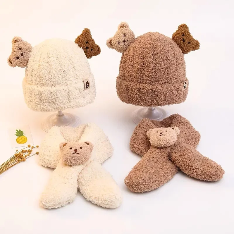 2Pcs Newborn Baby Stuff Cartoon Bear Hat for Girls Boys Scarf Thicken Cap Winter Hat for Kids Children Hat Plus Fleece Kids Caps