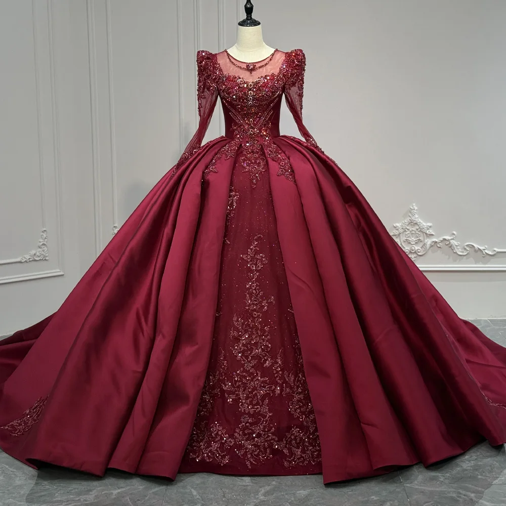 

Red O-Neck Customizable Long Sleeves Lace-Up Keyhole Back Evening Dress Crystal Beading Luxury Dress 2026