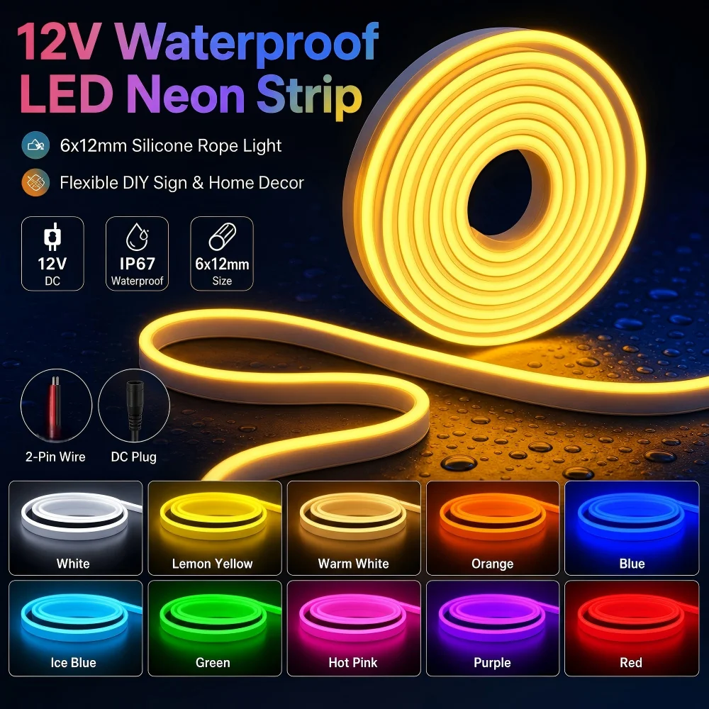 12V Waterproof IP67 LED Neon Light Strip 6X12mm Silicone Rope Light Flexible DIY Sign Wall Home Decor DC Plug 2Pin Wire