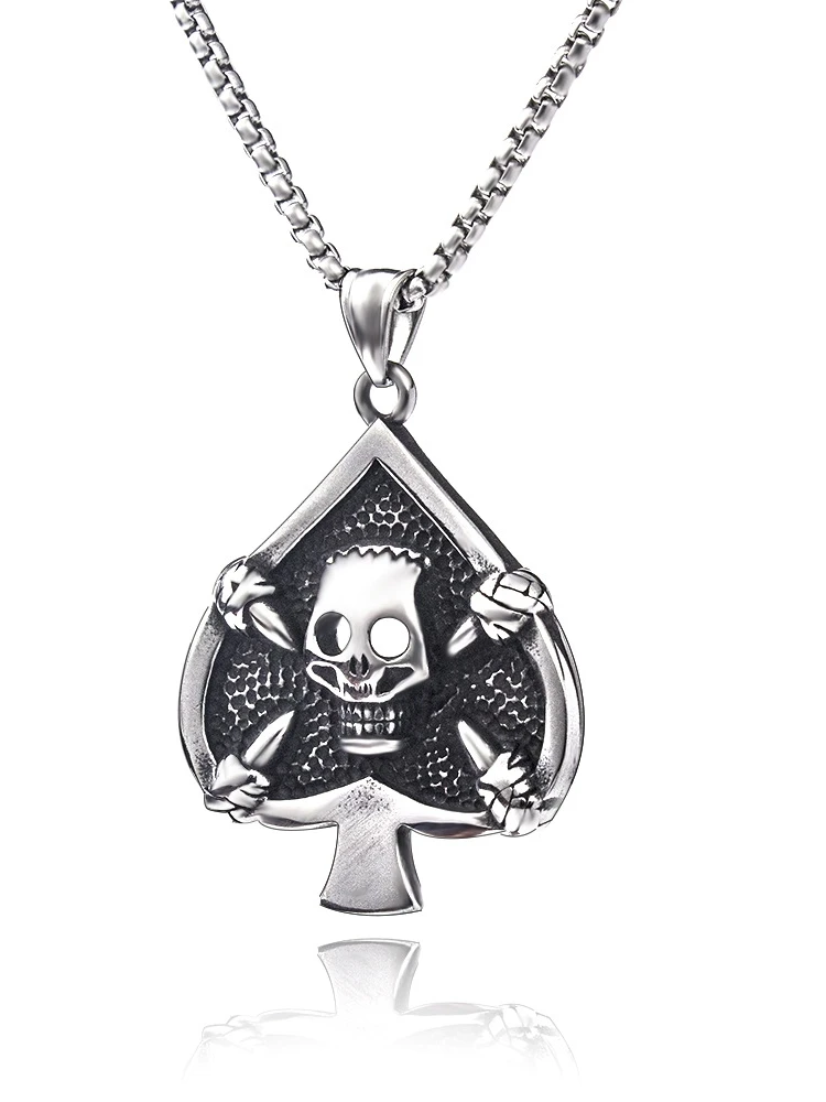 European and American fashion personality retro versatile poker card spades skull necklace for men trendy and handsome