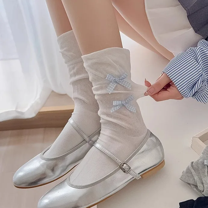 Kawaii Gingham Bow Decor Women Socks, Soft Slouchy Mid‑Calf Socks Sweet Casual Stacked Socks for Girls Daily Wear