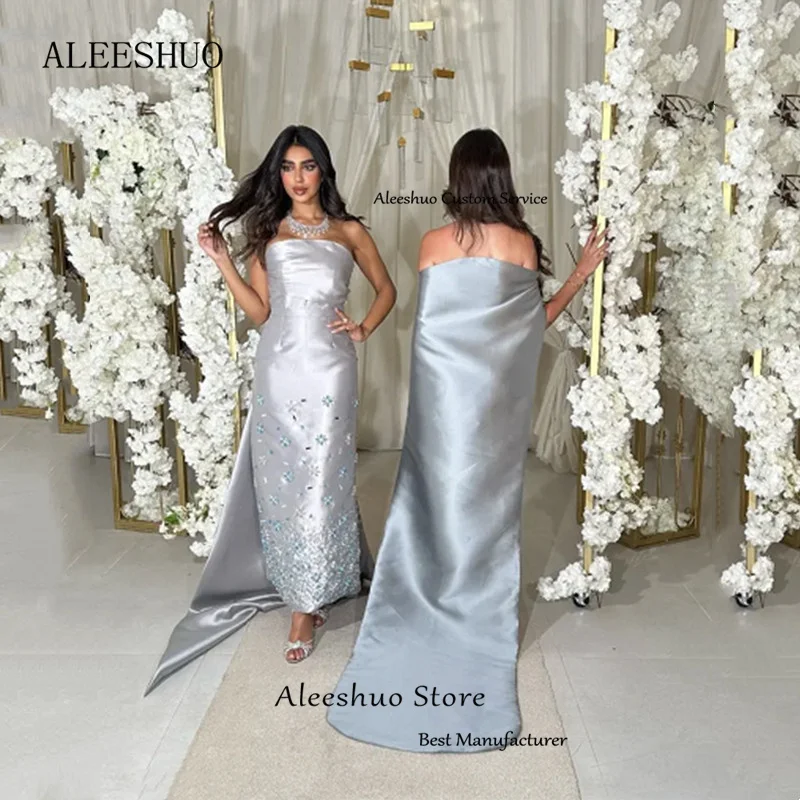 Aleeshuo Elegant Mermaid Satin Prom Dress Sleeveless Sexy Strapless Saudi Arabia Beaded Crystal Paty Dress  فساتين مناسبة رسمية