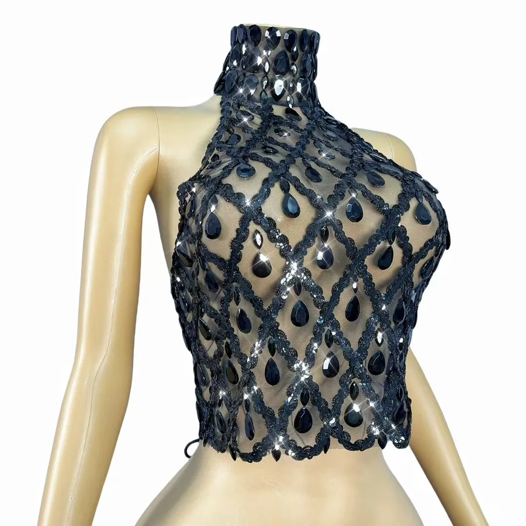 Shaokaojia Bold Lingerie Women Sexy Black Mesh with Rhinestone Sequins Tied Rope Top Bar Party Carnival Music Festival Outfit