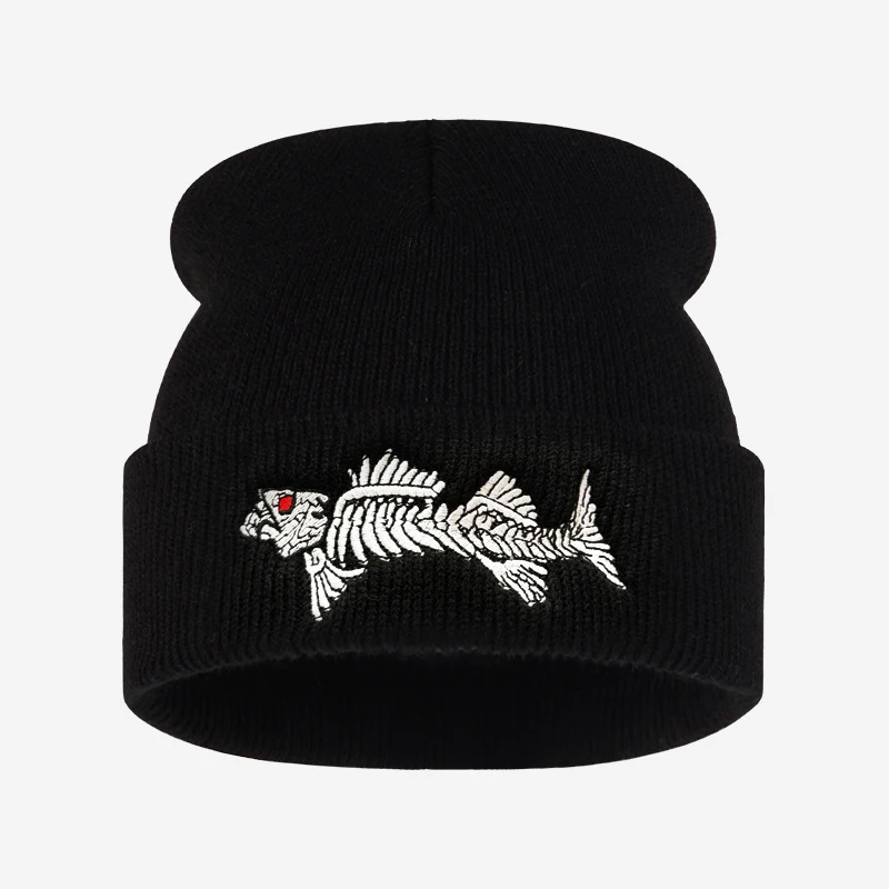 Retro Fish Bone Skeleton Embroidered Beanie Cozy Knitted Hat Punk Urban Outfit Thanksgiving New Year Festival Present