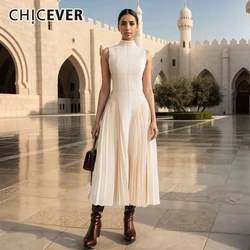 CHICEVER Minimalista Patchwork Pieghe Abiti Per Le Donne Del Collare Del Basamento Senza Maniche A Vita Alta Impiombato Cerniera Casual Vestito Sottile Femminile