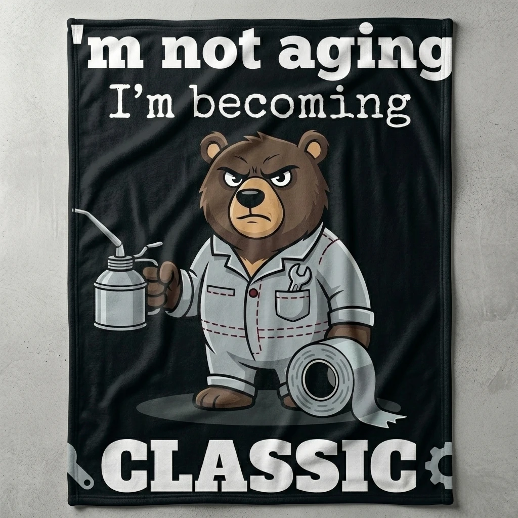 Mechanic Bear I'm Not Aging I'm Becoming Classic Flannel Throw Blanket, Funny Vintage Mechanic Bear Soft Cozy Home Decor Blanket