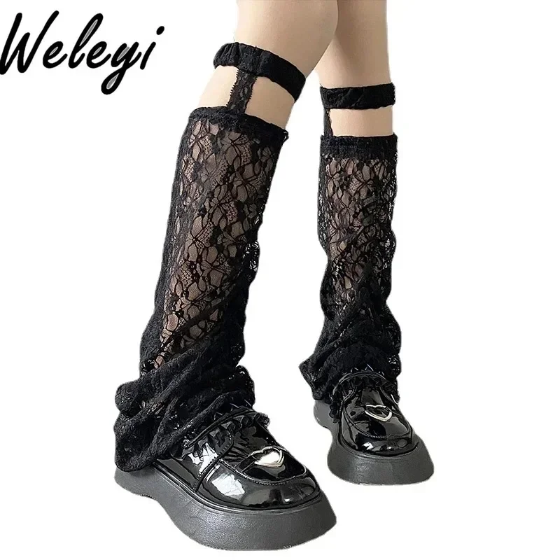 Women's Summer Beige Socks Japanese Fashion Hajuraku White Lace Hollow Middle Tube Suspender Leg Cover Ultra-thin Calf Socks