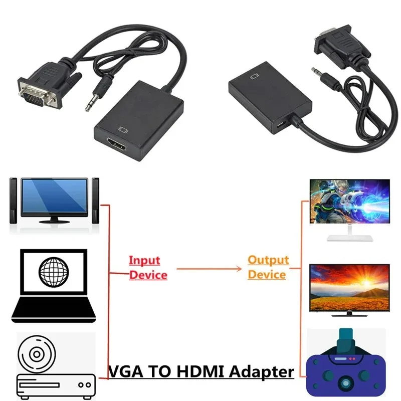 Full HD 1080P VGA to HDMI-Compatible Converter Adapter Cable With Audio Output VGA HD Adapter for PC Laptop to HDTV Projector