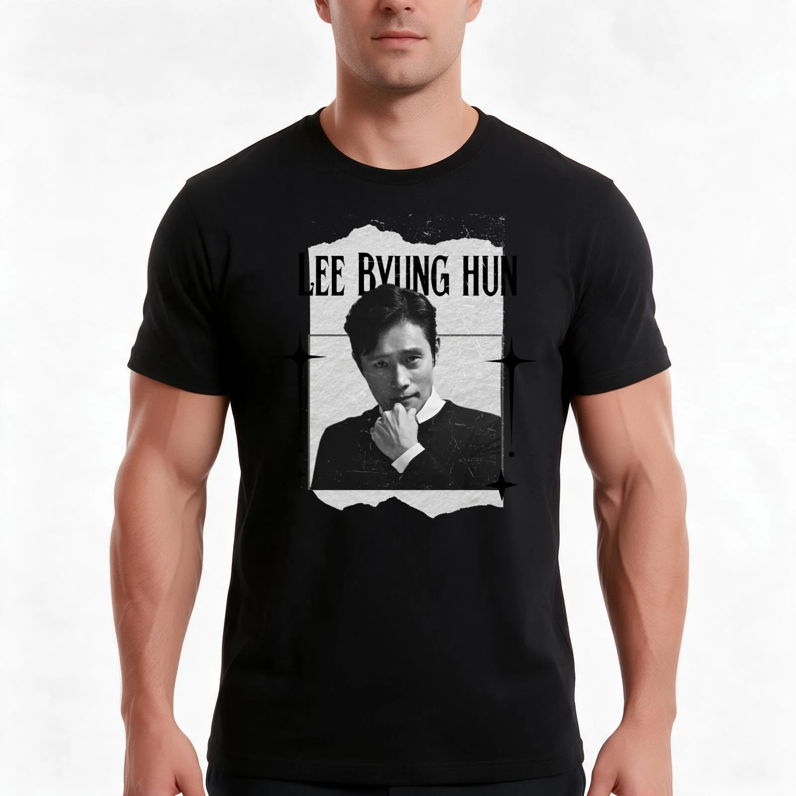 Lee Byung-hun Korean Actor Preppy Black And White Scrapbook Collage Design T-Shirt, Summer Casual Cotton Tee, Unisex Men Women