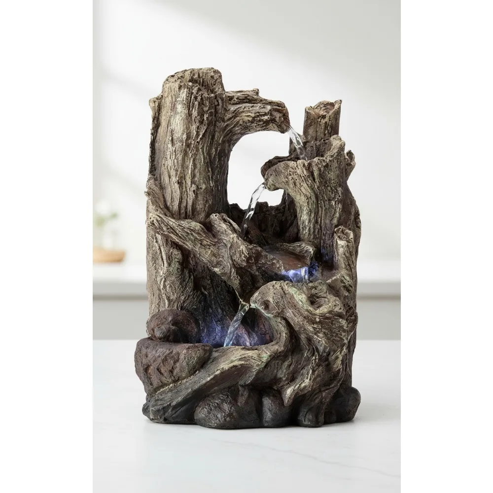 

5-Tier Rainforest Waterfall Fountain with LED Lights, 14" Tall, Brown - Relaxing Desk Decor for Home & Office