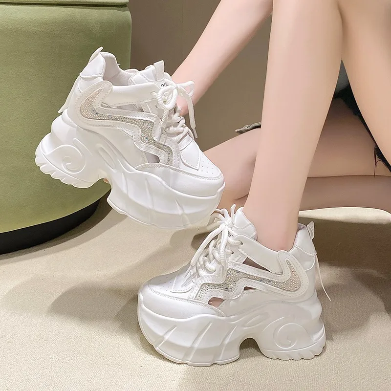 10cm Ladies Sneakers Summer Hollow Out Casual Women's Platform High Heels Wedge Heel Heightening Knitted Ladies Vulcanized Shoes