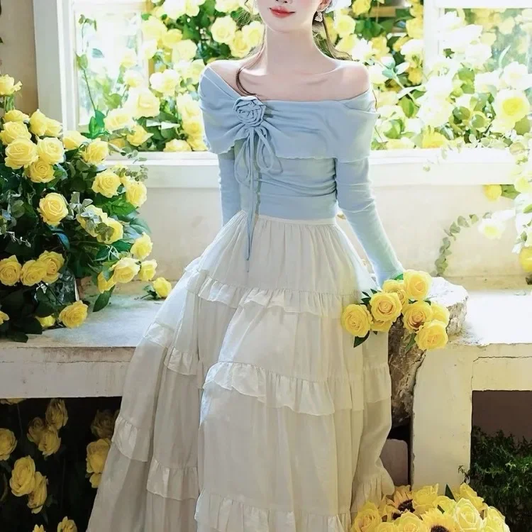 

2025 Autumn New Two Piece Sets Blue 3D Flower Square Collar Long Sleeve Slim Fit Tops Women + Y2k High Waist Ruched Cake Skirts