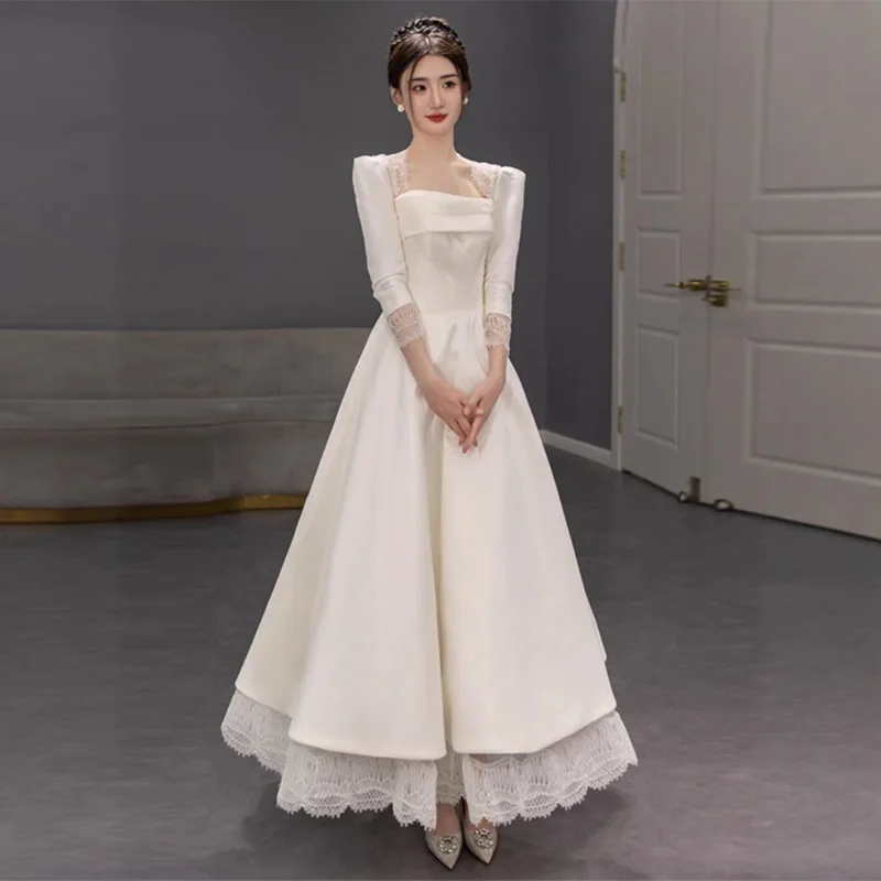 

2026 New White Simple Satin Long Sleeve Light Wedding Dress Evening Dress Fashionable Slim Square Neck Uniform Dress