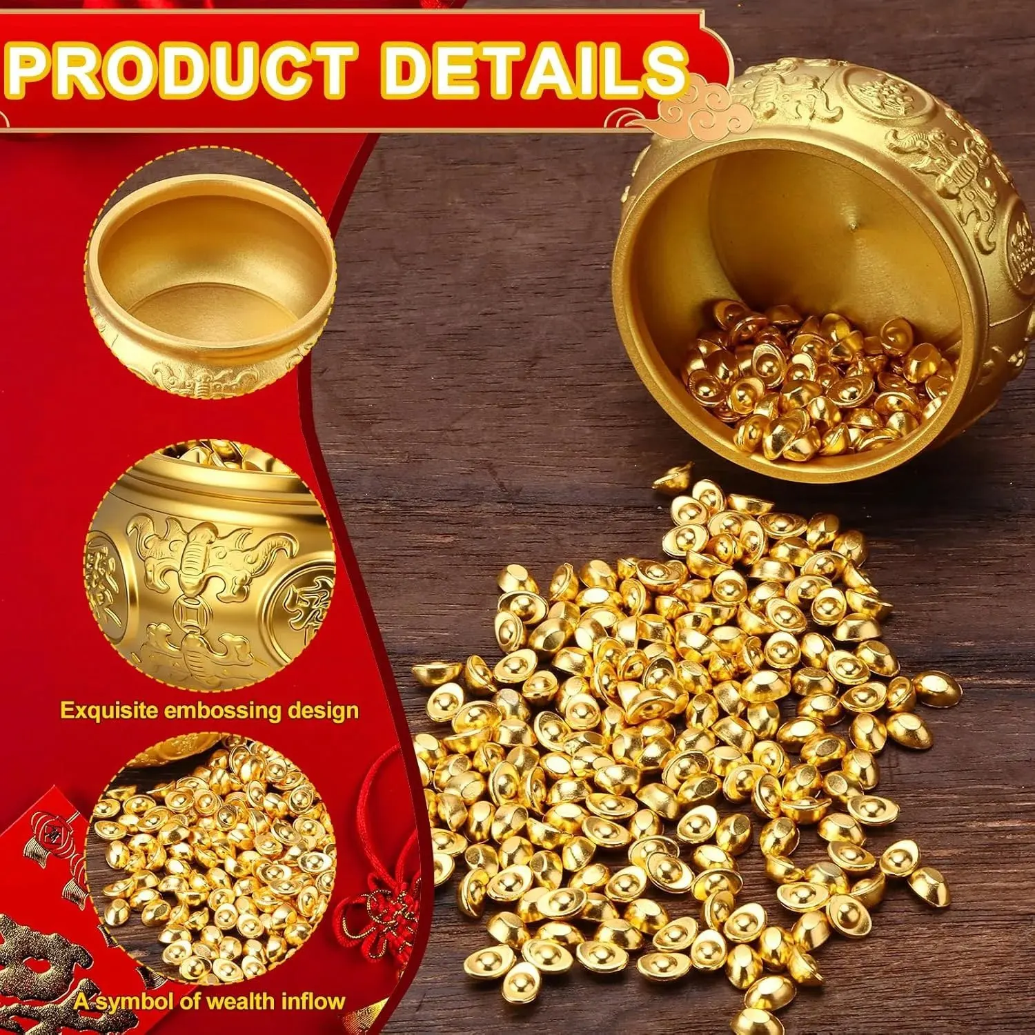 Golden Treasure Basin with 400pcs Ingot Yuan Bao Good Luck Wealth Prosperity Figurine Decor for Home Office Decor Housewarming G