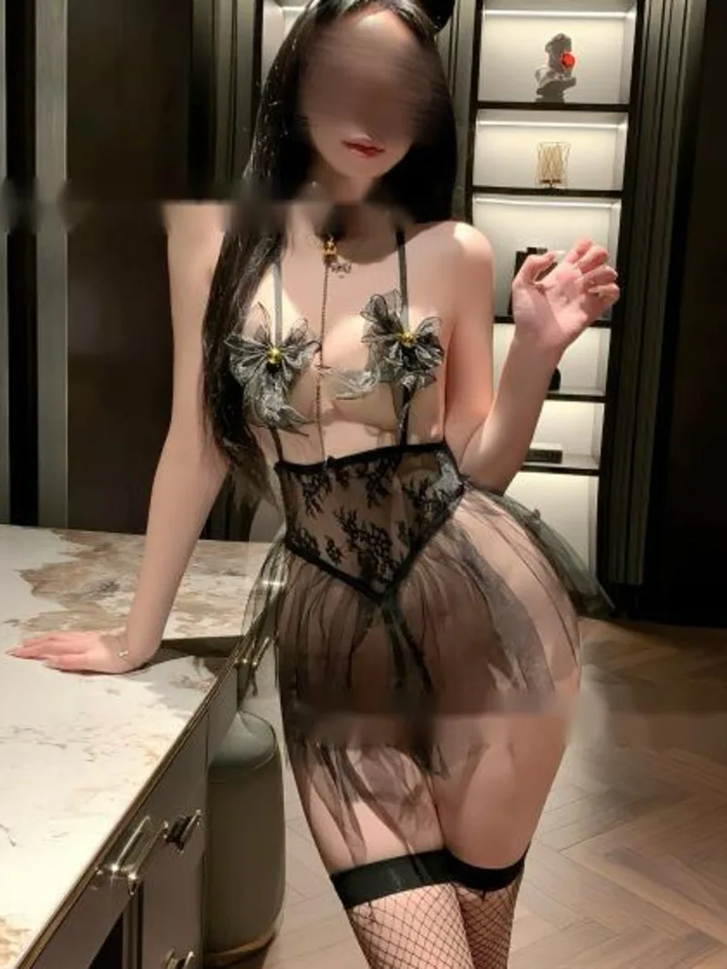 Sexy Lace Lace-Up Hollow Out Transparent Flower Print Bowknot Mesh Bell Black Dress Backless Deep V Sleeveless Dress Charm Z150