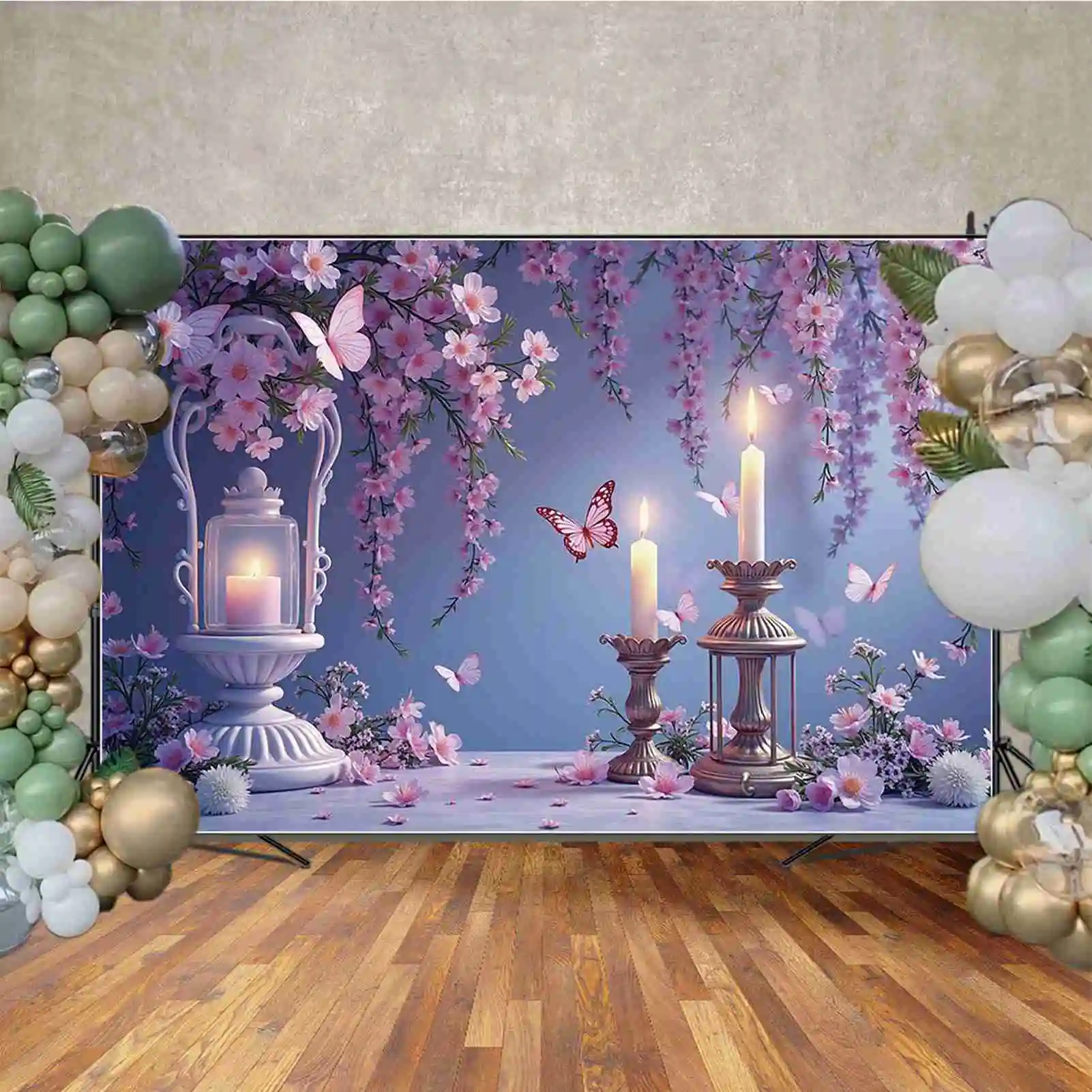 MOON.QG Pink Purple Children Birthday Photozone Backdrop Hanging Flowers Balloons Butterfly Baby Photography Shooting Background