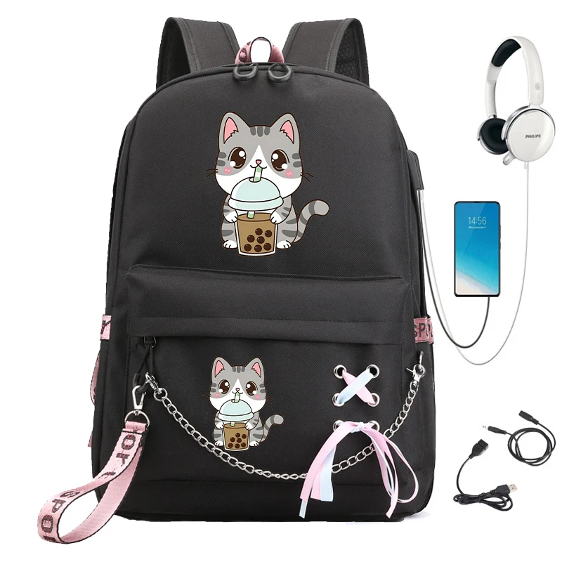 Tas ransel sekolah teh Boba kucing imut, tas ransel Laptop untuk pelajar, remaja, wanita, tas punggung sekolah, tas ransel Harajuku