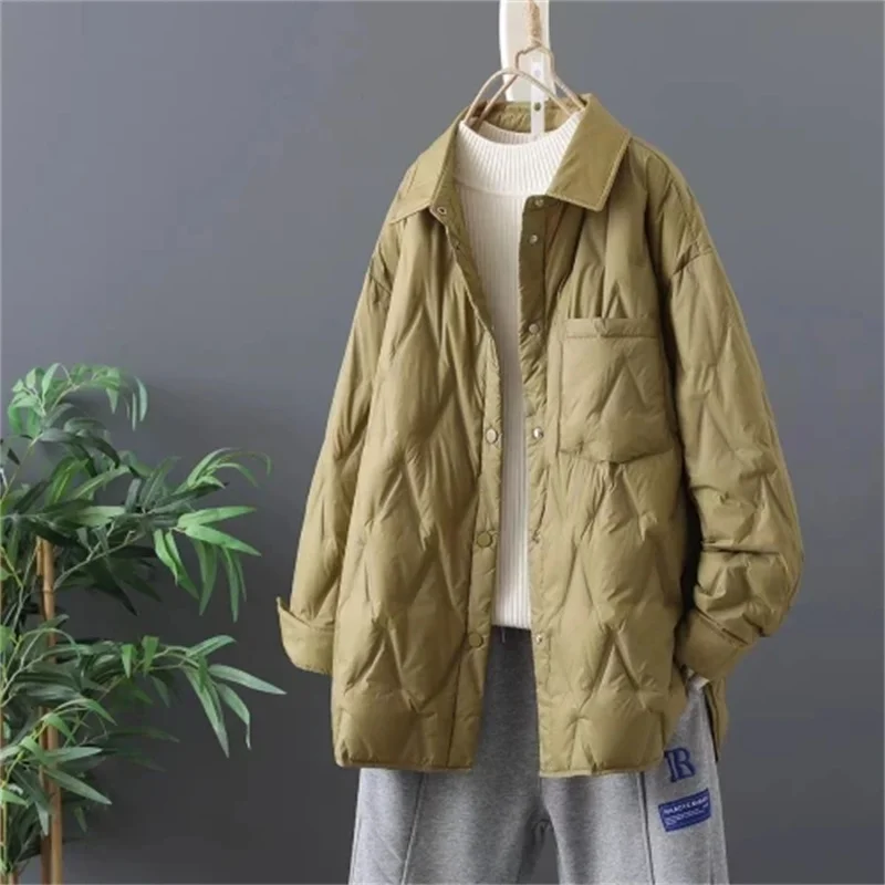 2025 Autumn Women Black Thin Cotton Quilted Coats Female Casual Lapel Jacket Female Spring Outerwear Red Button Padden Shirt Top
