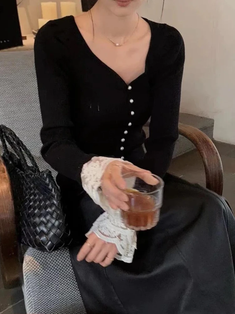 Women's V-ne Knitted Sweater Lace Patchwork Autumn Winter Faion Classy Base Layer irt 2024 New Arrival Slim Fit Long Sl...