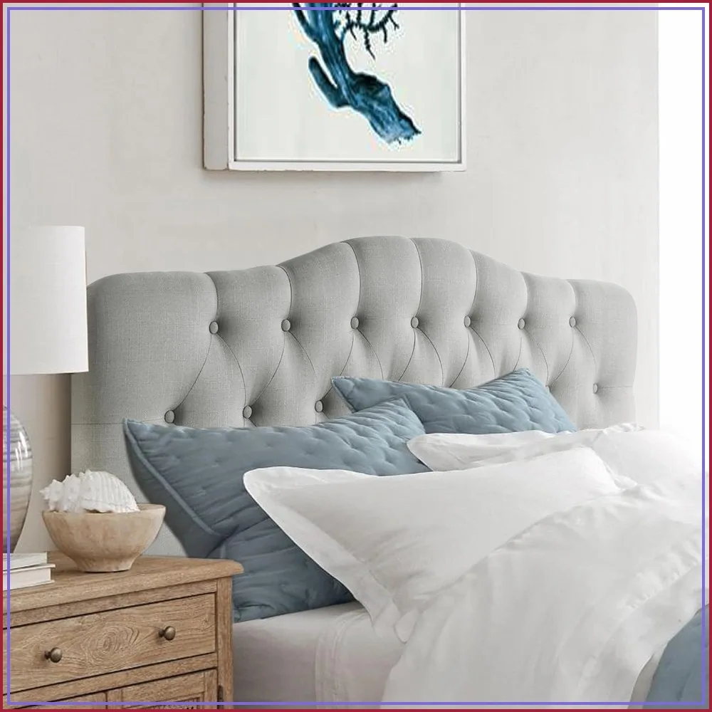 Adjustable Height Headboard with Linen Upholstery and Button Tufting for Bedroom, King, Gray
