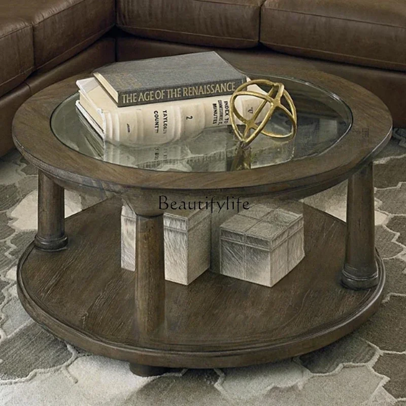 x4 American coffee table solid wood retro old country double European round glass tea table