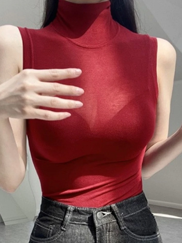  2026 Spring Summer Slim Fit Tops Korean Dongdaemun Sexy Mock Neck See-through Women T-shirts Sleeveless Basic Versatile Tees
