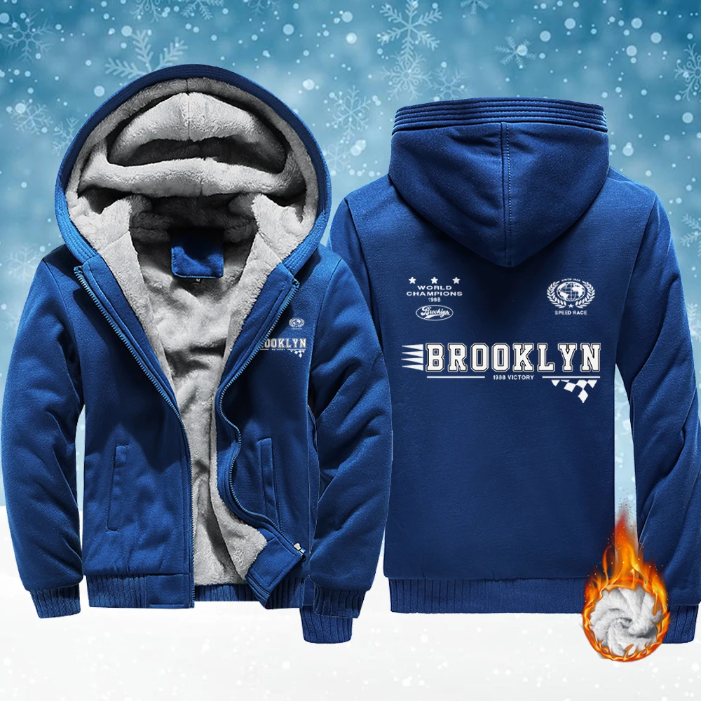 

Brooklyn Speed Race с принтом, зимние мужские утепленные удобные куртки, флисовая толстовка с карманами, повседневная верхняя одежда на молнии, теплое базовое пальто