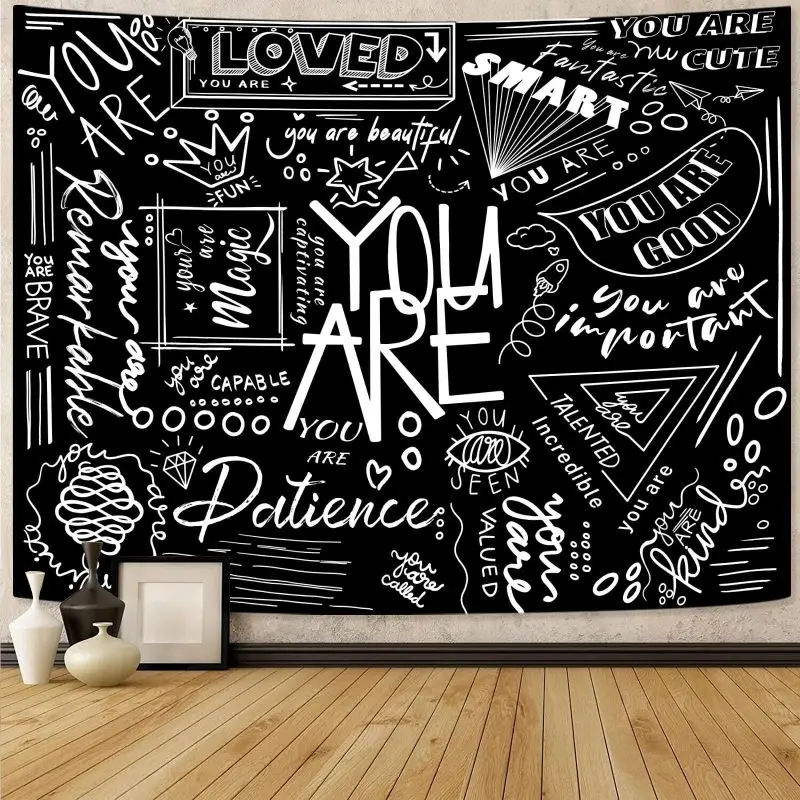 VIKAMA Inspirational Slogan Tapestry, Black White Graffiti Wall Hanging, Positive Energy Wall Decor Bedroom Dormitory Home Decor