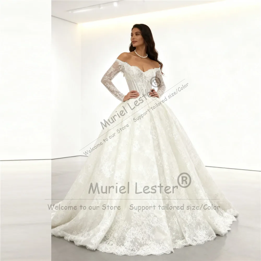 

Elegant Lace Appliques V Neck Wedding Dresses For Bride Long Sleeves A Line Bridal Gowns Customized Women Reception Party Dress