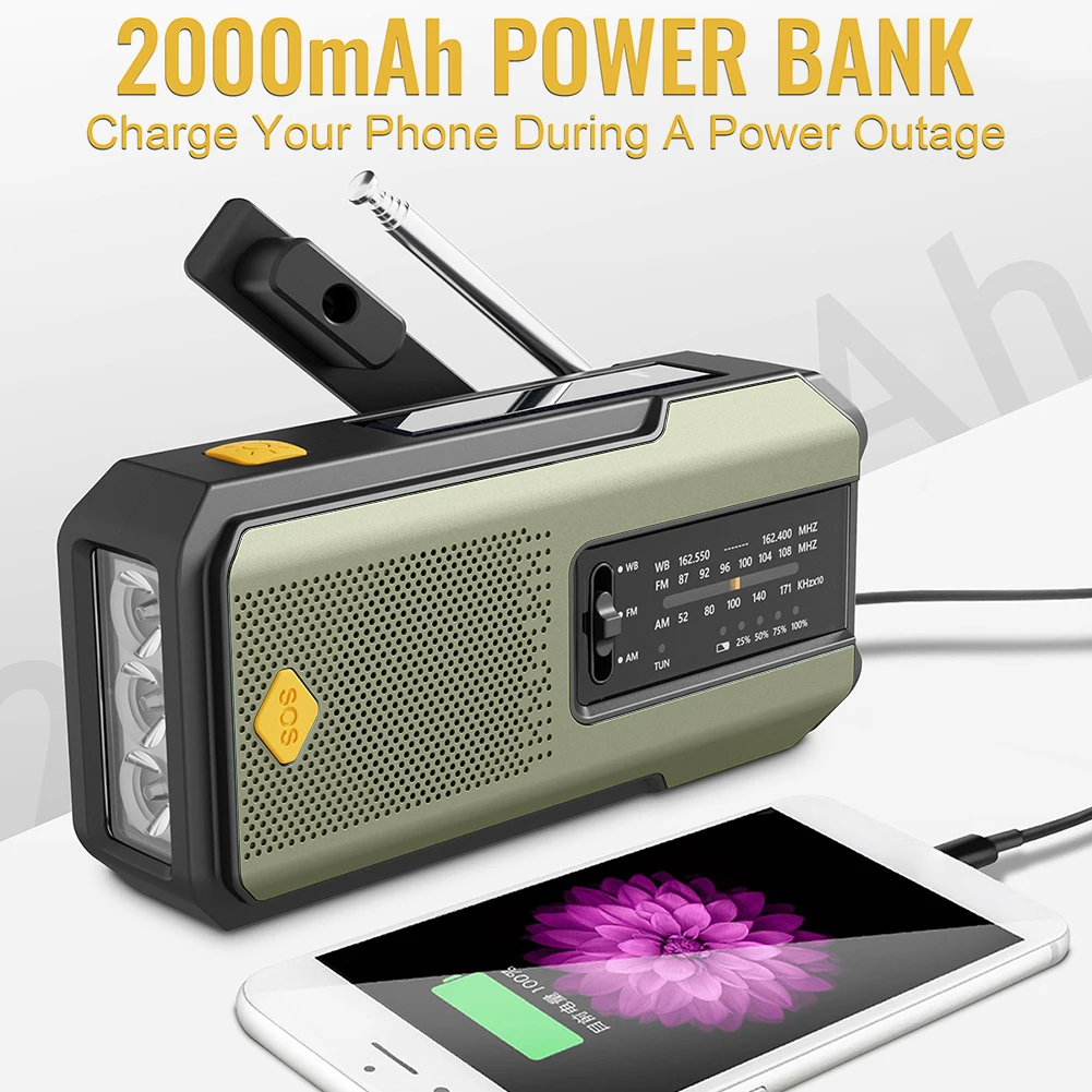 Weather Radio Emergency Multifunctional Radio FM AM WB Hand Crank Solar USB Charging 2000mAh Power Bank Outdoor Flashlight Torch