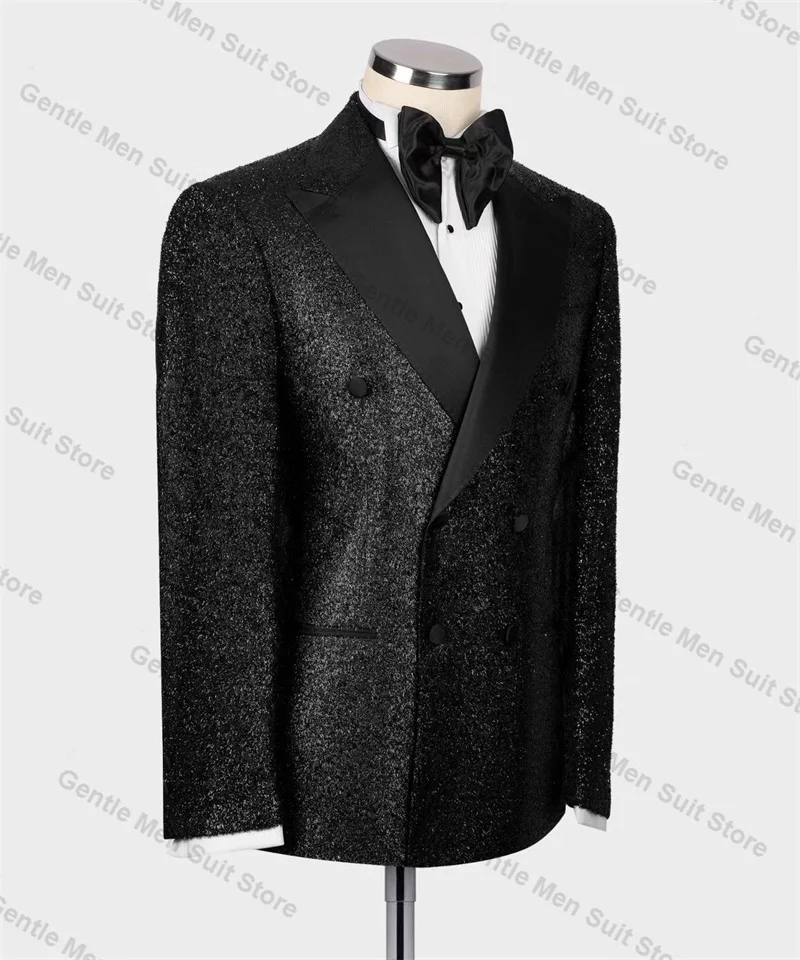 Glitter Black Men Suits Set 2 Piece Blazer+Pants Double Breasted Prom Groom Wedding Tuxedo Coat Custom Made Jacket Trousers