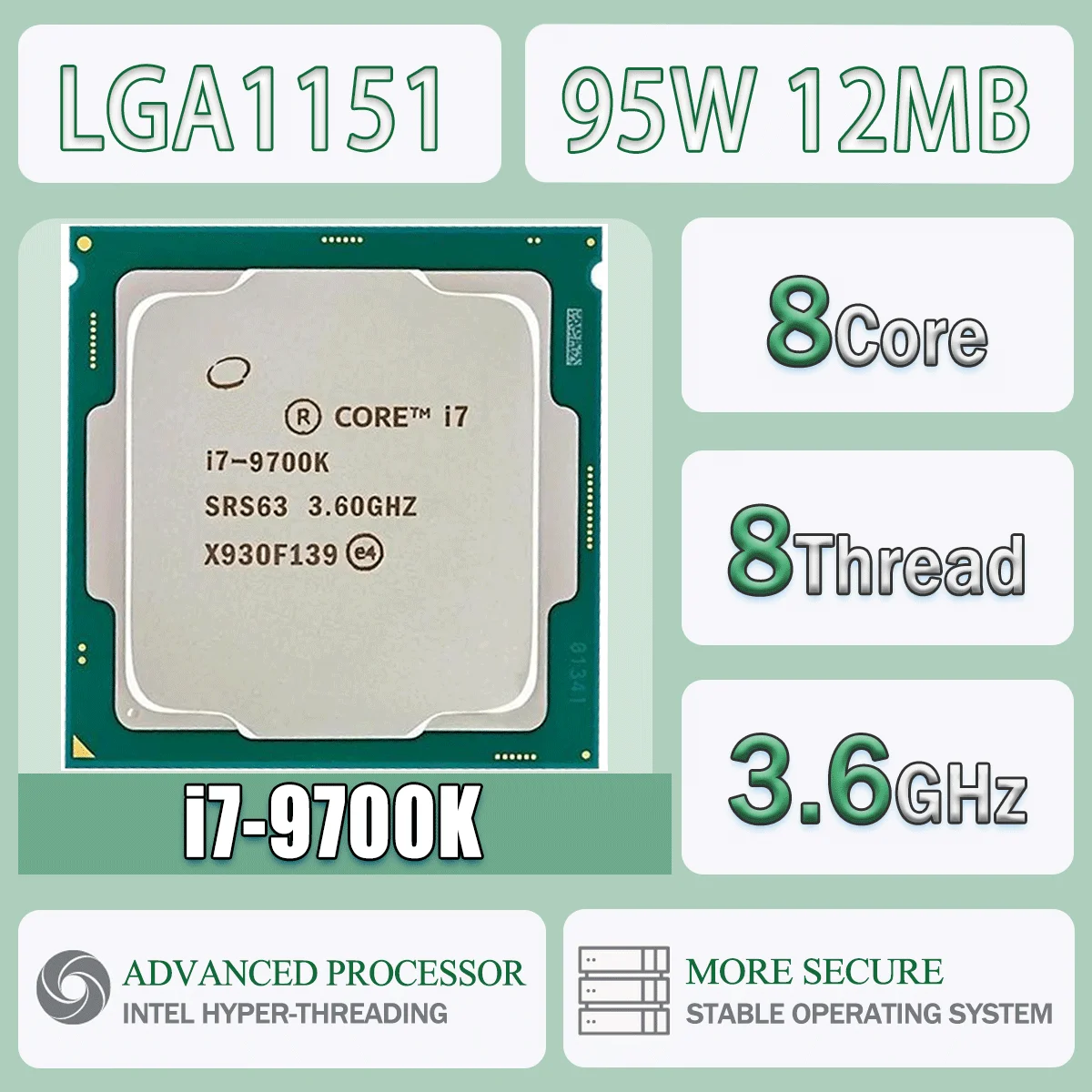 Intel Core I7-9700K 8 Core 8 Thread 3.6GHz 95W 12MB Cache 14nm 