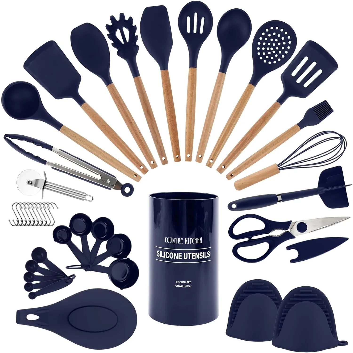 

Country Kitchen Cooking Utensils Set - 38 pcs Non-stick Silicone Spatula Set, Wooden Handles and Heat Resistant Gadgets Utensil