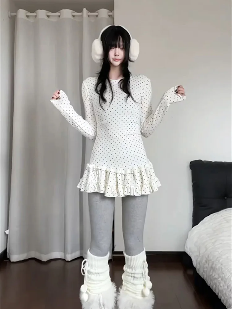 Korean Style Long Sleeve T-Shirt Women's Autumn Winter Middle Length Inner Match Shark Pants Base Top Polka Dot Lace Skirt