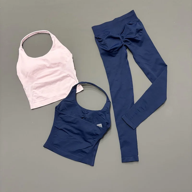 2PCS Halter Neck Sportswear Set Women Seamless Yoga Sports Bra Butt Lifting Leggings Running Workout Gym Fitness Tracksuit