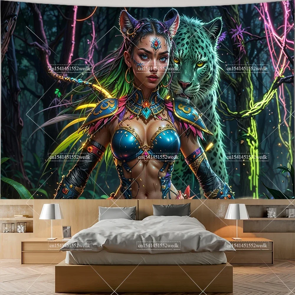 Shaman Jaguar Goddess Wall Hanging Tapestry Cute Cat Woman Spiritual Tapestries Aesthetic Room Decor Meditation Tapestrys Poster