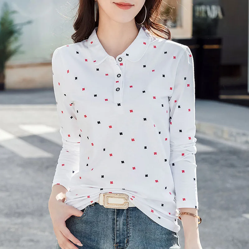 2024 Spring Women Polo Shirts Fashion Printed Female Long Sleeve Turn-down Collar T-shirts Soft Cotton Blouses Ladies Slim Tops